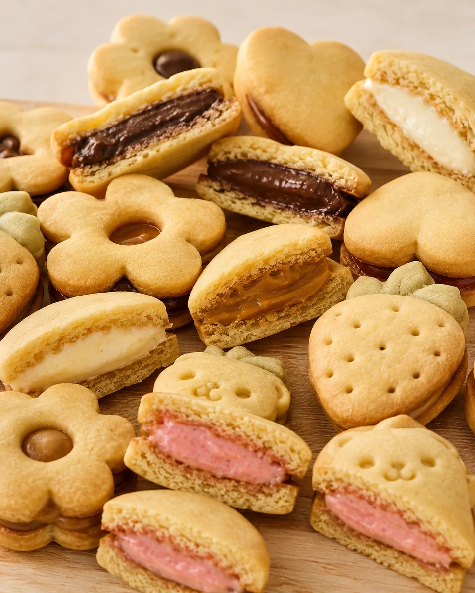 Variedade de biscoitos amanteigados abertos mostrando os recheios